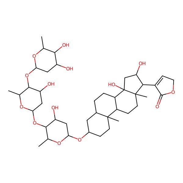 2D Structure of 4-[(3S,5R,8R,9S,10S,13R,14S,16S,17S)-3-[(2R,4S,5S,6R)-5-[(2S,4S,5S,6R)-5-[(2S,4S,5S,6R)-4,5-dihydroxy-6-methyloxan-2-yl]oxy-4-hydroxy-6-methyloxan-2-yl]oxy-4-hydroxy-6-methyloxan-2-yl]oxy-14,16-dihydroxy-10,13-dimethyl-1,2,3,4,5,6,7,8,9,11,12,15,16,17-tetradecahydrocyclopenta[a]phenanthren-17-yl]-2H-furan-5-one
