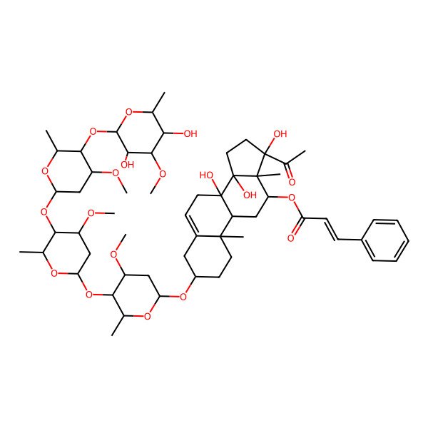 2D Structure of [(3S,8S,9R,10R,12R,13S,14R,17S)-17-acetyl-3-[(2R,4S,5R,6R)-5-[(2S,4S,5R,6R)-5-[(2S,4S,5R,6R)-5-[(2S,3R,4S,5R,6R)-3,5-dihydroxy-4-methoxy-6-methyloxan-2-yl]oxy-4-methoxy-6-methyloxan-2-yl]oxy-4-methoxy-6-methyloxan-2-yl]oxy-4-methoxy-6-methyloxan-2-yl]oxy-8,14,17-trihydroxy-10,13-dimethyl-1,2,3,4,7,9,11,12,15,16-decahydrocyclopenta[a]phenanthren-12-yl] (E)-3-phenylprop-2-enoate