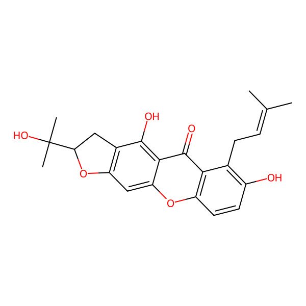 2D Structure of 4,7-Dihydroxy-2-(2-hydroxypropan-2-yl)-6-(3-methylbut-2-enyl)-2,3-dihydrofuro[3,2-b]xanthen-5-one