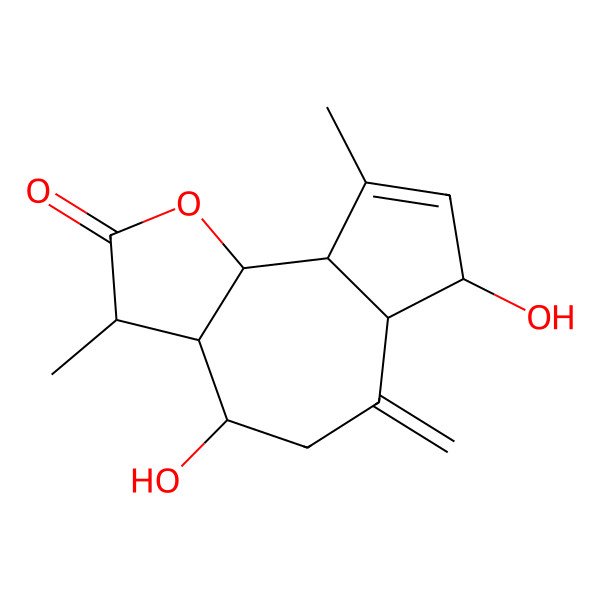2D Structure of 4,7-Dihydroxy-3,9-dimethyl-6-methylidene-3,3a,4,5,6a,7,9a,9b-octahydroazuleno[4,5-b]furan-2-one