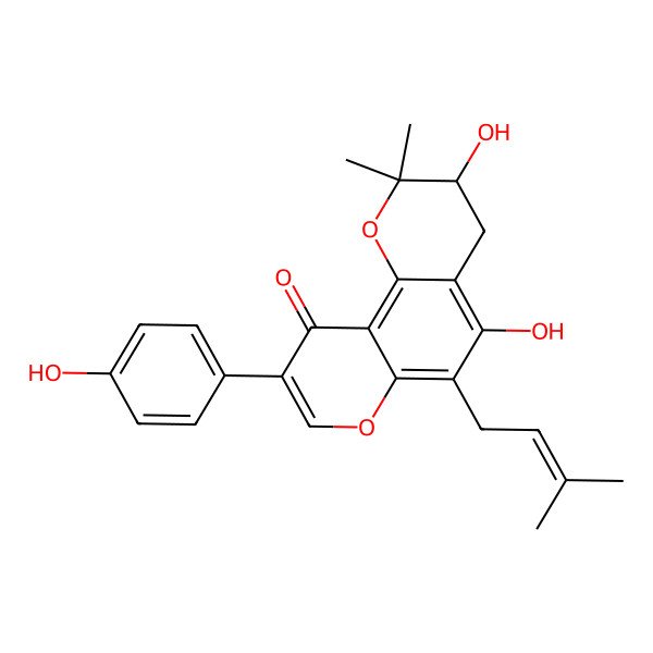 2D Structure of (3R)-3,5-dihydroxy-9-(4-hydroxyphenyl)-2,2-dimethyl-6-(3-methylbut-2-enyl)-3,4-dihydropyrano[2,3-f]chromen-10-one