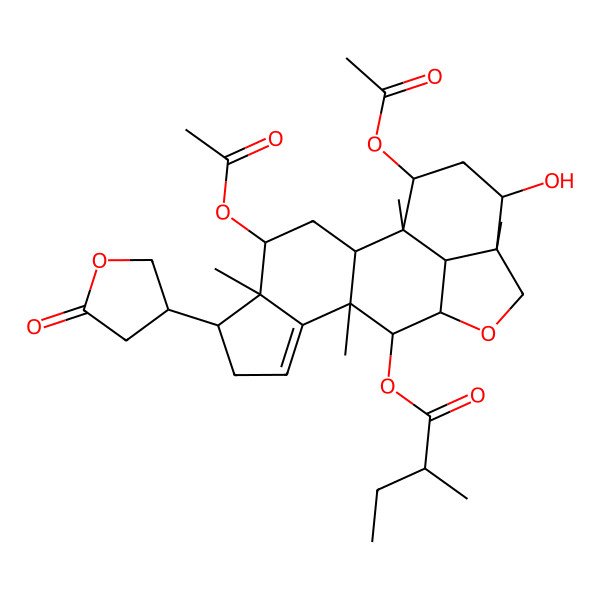 2D Structure of [(1R,2R,4S,5S,6S,10R,11S,12R,15R,16R,18S,19R)-4,18-diacetyloxy-16-hydroxy-1,5,10,15-tetramethyl-6-[(3S)-5-oxooxolan-3-yl]-13-oxapentacyclo[10.6.1.02,10.05,9.015,19]nonadec-8-en-11-yl] (2R)-2-methylbutanoate