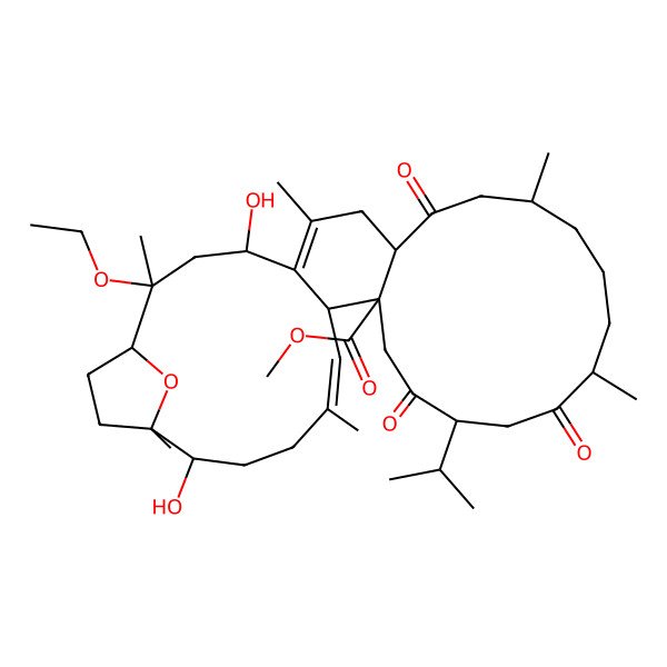 2D Structure of methyl (1R,2S,4R,8S,11S,15R,18S,21S,22S,23E,27R,28S)-2-ethoxy-4,27-dihydroxy-2,6,11,15,24,28-hexamethyl-9,16,19-trioxo-18-propan-2-yl-31-oxatetracyclo[26.2.1.05,22.08,21]hentriaconta-5,23-diene-21-carboxylate