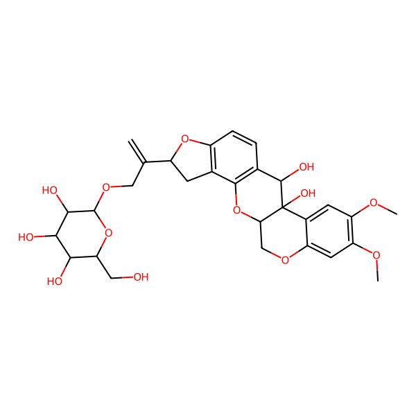 2D Structure of (2R,3R,4S,5S,6R)-2-[2-[(1R,6R,12S,13S)-12,13-dihydroxy-16,17-dimethoxy-2,7,20-trioxapentacyclo[11.8.0.03,11.04,8.014,19]henicosa-3(11),4(8),9,14,16,18-hexaen-6-yl]prop-2-enoxy]-6-(hydroxymethyl)oxane-3,4,5-triol