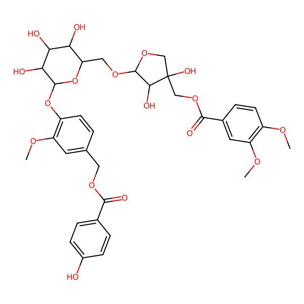 2D Structure of [(3R,4S,5S)-3,4-dihydroxy-5-[[(2S,3R,4R,5S,6R)-3,4,5-trihydroxy-6-[4-[(4-hydroxybenzoyl)oxymethyl]-2-methoxyphenoxy]oxan-2-yl]methoxy]oxolan-3-yl]methyl 3,4-dimethoxybenzoate