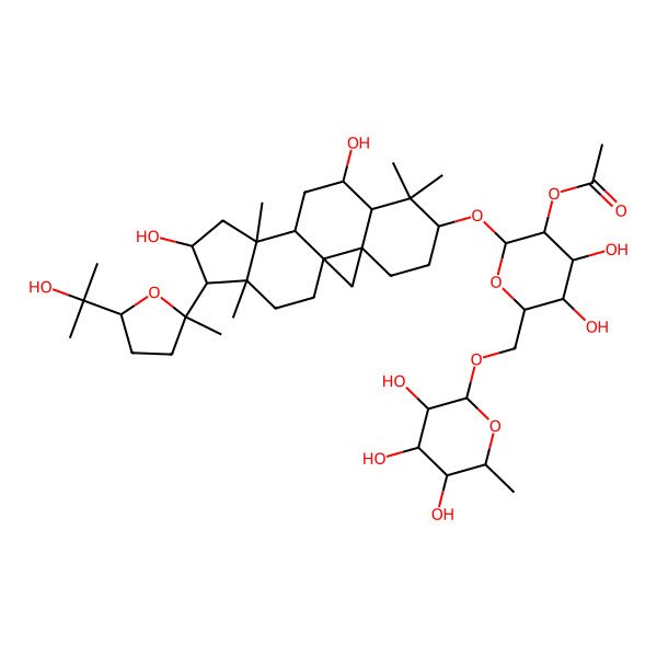 2D Structure of [(2R,3R,4S,5S,6R)-2-[[(1S,3R,6S,8R,9S,11S,12S,14S,15R,16R)-9,14-dihydroxy-15-[(2S,5R)-5-(2-hydroxypropan-2-yl)-2-methyloxolan-2-yl]-7,7,12,16-tetramethyl-6-pentacyclo[9.7.0.01,3.03,8.012,16]octadecanyl]oxy]-4,5-dihydroxy-6-[[(2R,3R,4R,5R,6S)-3,4,5-trihydroxy-6-methyloxan-2-yl]oxymethyl]oxan-3-yl] acetate