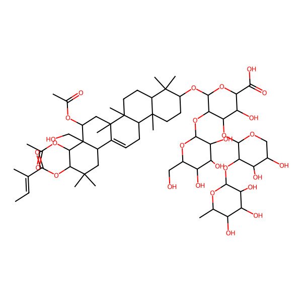 2D Structure of 6-[[8,9-Diacetyloxy-8a-(hydroxymethyl)-4,4,6a,6b,11,11,14b-heptamethyl-10-(2-methylbut-2-enoyloxy)-1,2,3,4a,5,6,7,8,9,10,12,12a,14,14a-tetradecahydropicen-3-yl]oxy]-4-[4,5-dihydroxy-3-(3,4,5-trihydroxy-6-methyloxan-2-yl)oxyoxan-2-yl]oxy-3-hydroxy-5-[3,4,5-trihydroxy-6-(hydroxymethyl)oxan-2-yl]oxyoxane-2-carboxylic acid