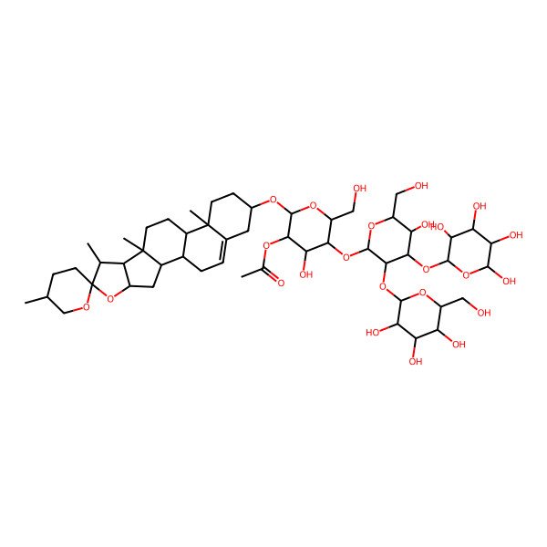 2D Structure of [(2R,3R,4S,5R,6R)-4-hydroxy-5-[(2S,3R,4S,5R,6R)-5-hydroxy-6-(hydroxymethyl)-4-[(2S,3S,4R,5R,6R)-3,4,5,6-tetrahydroxyoxan-2-yl]oxy-3-[(2S,3R,4S,5S,6R)-3,4,5-trihydroxy-6-(hydroxymethyl)oxan-2-yl]oxyoxan-2-yl]oxy-6-(hydroxymethyl)-2-[(1S,2S,4S,5'S,6R,7S,8R,9S,12S,13R,16S)-5',7,9,13-tetramethylspiro[5-oxapentacyclo[10.8.0.02,9.04,8.013,18]icos-18-ene-6,2'-oxane]-16-yl]oxyoxan-3-yl] acetate