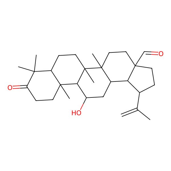 2D Structure of (1R,3aS,5aR,5bR,7aR,11aS,11bR,12R,13aR,13bR)-12-hydroxy-5a,5b,8,8,11a-pentamethyl-9-oxo-1-prop-1-en-2-yl-2,3,4,5,6,7,7a,10,11,11b,12,13,13a,13b-tetradecahydro-1H-cyclopenta[a]chrysene-3a-carbaldehyde