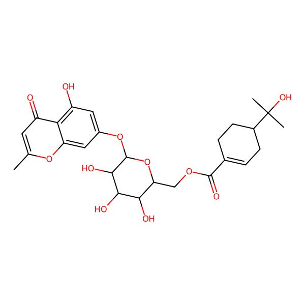 2D Structure of [3,4,5-Trihydroxy-6-(5-hydroxy-2-methyl-4-oxochromen-7-yl)oxyoxan-2-yl]methyl 4-(2-hydroxypropan-2-yl)cyclohexene-1-carboxylate