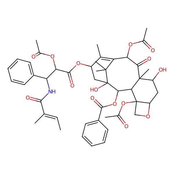 2D Structure of [(1S,2S,3R,4S,7R,9R,10S,12R,15R)-4,12-diacetyloxy-15-[(2R,3S)-2-acetyloxy-3-[[(E)-2-methylbut-2-enoyl]amino]-3-phenylpropanoyl]oxy-1,9-dihydroxy-10,14,17,17-tetramethyl-11-oxo-6-oxatetracyclo[11.3.1.03,10.04,7]heptadec-13-en-2-yl] benzoate
