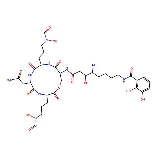 2D Structure of N-[5-amino-8-[[6-(2-amino-2-oxoethyl)-3,9-bis[3-[formyl(hydroxy)amino]propyl]-2,5,8,11-tetraoxo-1-oxa-4,7,10-triazacyclotridec-12-yl]amino]-6-hydroxy-8-oxooctyl]-2,3-dihydroxybenzamide