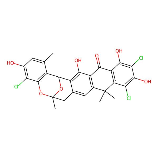 2D Structure of (17R)-8,10,20-trichloro-3,7,9,21-tetrahydroxy-12,12,17,23-tetramethyl-18,25-dioxahexacyclo[15.7.1.02,15.04,13.06,11.019,24]pentacosa-2,4(13),6(11),7,9,14,19(24),20,22-nonaen-5-one