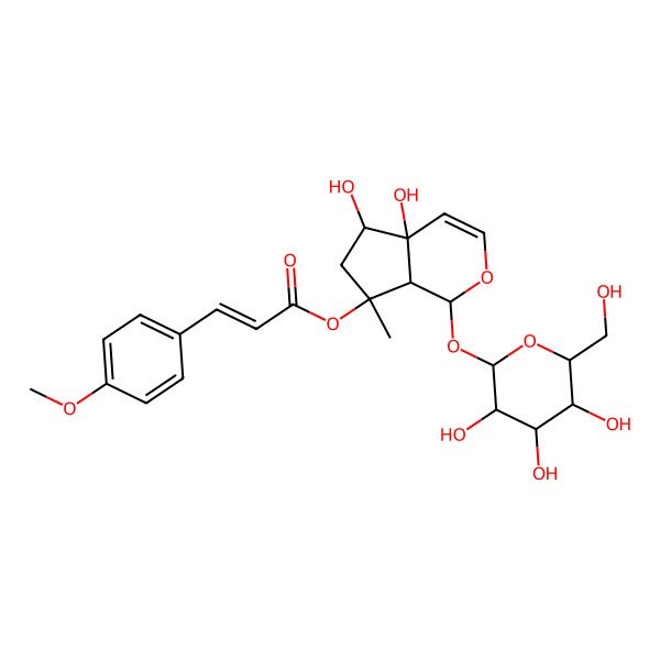 2D Structure of [4a,5-Dihydroxy-7-methyl-1-[3,4,5-trihydroxy-6-(hydroxymethyl)oxan-2-yl]oxy-1,5,6,7a-tetrahydrocyclopenta[c]pyran-7-yl] 3-(4-methoxyphenyl)prop-2-enoate