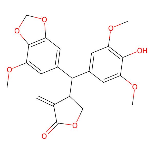 2D Structure of (4R)-4-[(S)-(4-hydroxy-3,5-dimethoxyphenyl)-(7-methoxy-1,3-benzodioxol-5-yl)methyl]-3-methylideneoxolan-2-one