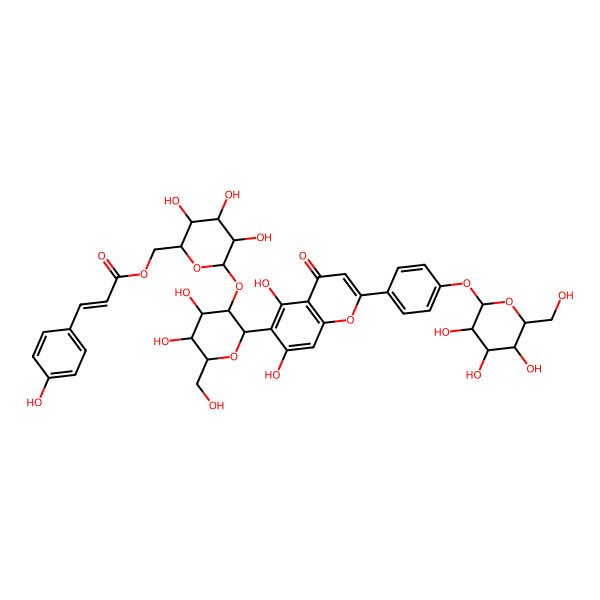 2D Structure of [(2S,3R,4R,5R,6S)-6-[(2R,3R,4S,5S,6S)-2-[5,7-dihydroxy-4-oxo-2-[4-[(2R,3R,4S,5S,6S)-3,4,5-trihydroxy-6-(hydroxymethyl)oxan-2-yl]oxyphenyl]chromen-6-yl]-4,5-dihydroxy-6-(hydroxymethyl)oxan-3-yl]oxy-3,4,5-trihydroxyoxan-2-yl]methyl (E)-3-(4-hydroxyphenyl)prop-2-enoate