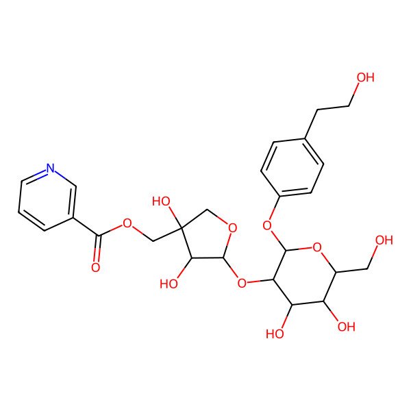 2D Structure of [(3S,4R,5S)-5-[(2S,3R,4S,5S,6R)-4,5-dihydroxy-2-[4-(2-hydroxyethyl)phenoxy]-6-(hydroxymethyl)oxan-3-yl]oxy-3,4-dihydroxyoxolan-3-yl]methyl pyridine-3-carboxylate