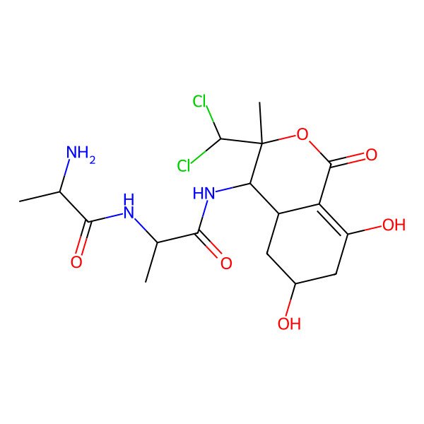 2D Structure of 2-amino-N-[1-[[3-(dichloromethyl)-6,8-dihydroxy-3-methyl-1-oxo-4a,5,6,7-tetrahydro-4H-isochromen-4-yl]amino]-1-oxopropan-2-yl]propanamide