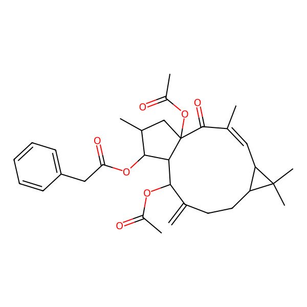 2D Structure of (1,11-Diacetyloxy-3,6,6,14-tetramethyl-10-methylidene-2-oxo-13-tricyclo[10.3.0.05,7]pentadec-3-enyl) 2-phenylacetate