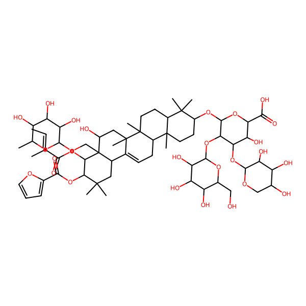2D Structure of (2S,3S,4S,5R,6R)-6-[[(3S,4aR,6aR,6bS,8R,8aR,9R,10R,12aS,14aR,14bR)-10-(furan-2-carbonyloxy)-8-hydroxy-4,4,6a,6b,11,11,14b-heptamethyl-9-[(E)-2-methylbut-2-enoyl]oxy-8a-[[(2R,3R,4R,5R,6S)-3,4,5-trihydroxy-6-methyloxan-2-yl]oxymethyl]-1,2,3,4a,5,6,7,8,9,10,12,12a,14,14a-tetradecahydropicen-3-yl]oxy]-3-hydroxy-5-[(2S,3R,4S,5S,6R)-3,4,5-trihydroxy-6-(hydroxymethyl)oxan-2-yl]oxy-4-[(2S,3R,4S,5R)-3,4,5-trihydroxyoxan-2-yl]oxyoxane-2-carboxylic acid
