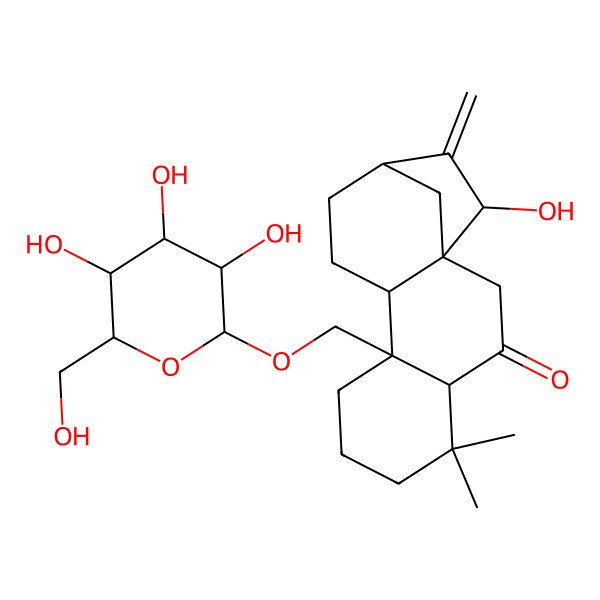 2D Structure of (1S,4R,9R,10S,13R,15R)-15-hydroxy-5,5-dimethyl-14-methylidene-9-[[(2R,3R,4S,5S,6R)-3,4,5-trihydroxy-6-(hydroxymethyl)oxan-2-yl]oxymethyl]tetracyclo[11.2.1.01,10.04,9]hexadecan-3-one