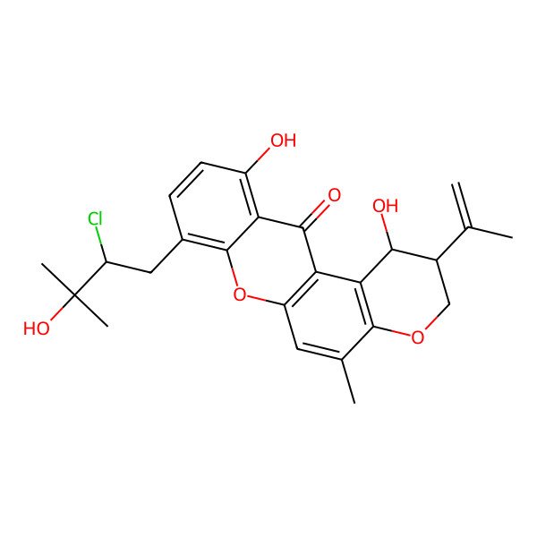 2D Structure of 8-(2-chloro-3-hydroxy-3-methylbutyl)-1,11-dihydroxy-5-methyl-2-prop-1-en-2-yl-2,3-dihydro-1H-pyrano[3,2-a]xanthen-12-one