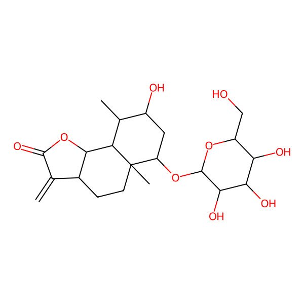 2D Structure of (3aR,5aR,6R,8S,9R,9aS,9bS)-8-hydroxy-5a,9-dimethyl-3-methylidene-6-[(2R,3R,4S,5S,6R)-3,4,5-trihydroxy-6-(hydroxymethyl)oxan-2-yl]oxy-4,5,6,7,8,9,9a,9b-octahydro-3aH-benzo[g][1]benzofuran-2-one