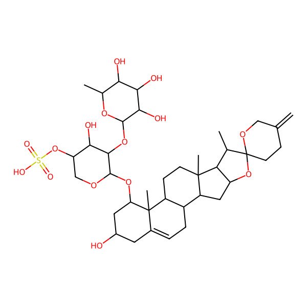 2D Structure of [(3S,4R,5R,6S)-4-hydroxy-6-[(1S,2S,4S,6R,7S,8R,9S,12S,13R,14R,16R)-16-hydroxy-7,9,13-trimethyl-5'-methylidenespiro[5-oxapentacyclo[10.8.0.02,9.04,8.013,18]icos-18-ene-6,2'-oxane]-14-yl]oxy-5-[(2S,3R,4R,5R,6S)-3,4,5-trihydroxy-6-methyloxan-2-yl]oxyoxan-3-yl] hydrogen sulfate