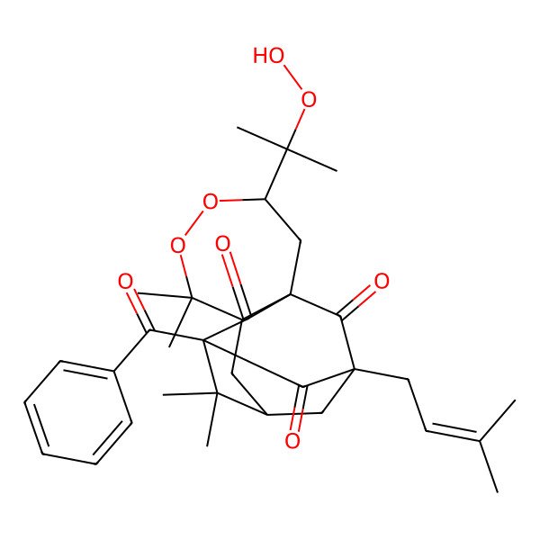 2D Structure of (1R,3S,7S,9S,11R,13S)-11-benzoyl-3-(2-hydroperoxypropan-2-yl)-6,6,10,10-tetramethyl-13-(3-methylbut-2-enyl)-4,5-dioxatetracyclo[9.3.1.19,13.01,7]hexadecane-12,14,15-trione