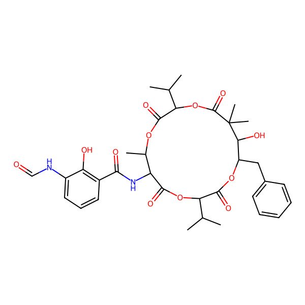 2D Structure of N-[(7R,10S,15R)-15-benzyl-14-hydroxy-7,13,13-trimethyl-2,5,9,12-tetraoxo-3,10-di(propan-2-yl)-1,4,8,11-tetraoxacyclopentadec-6-yl]-3-formamido-2-hydroxybenzamide