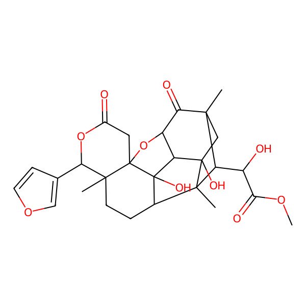 2D Structure of methyl 2-[(1S,2S,3S,4R,7S,12R,18S)-8-(furan-3-yl)-1,3-dihydroxy-7,16,18-trimethyl-10,15-dioxo-9,13-dioxahexacyclo[14.2.1.02,14.03,12.04,18.07,12]nonadecan-17-yl]-2-hydroxyacetate