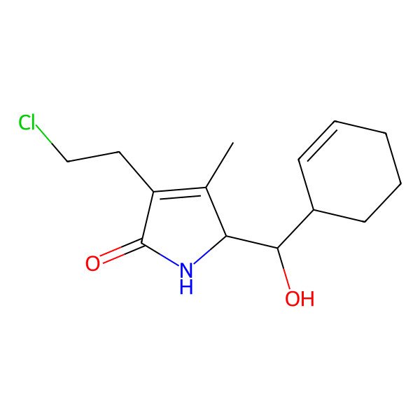 2D Structure of (2S)-4-(2-chloroethyl)-2-[(S)-[(1S)-cyclohex-2-en-1-yl]-hydroxymethyl]-3-methyl-1,2-dihydropyrrol-5-one