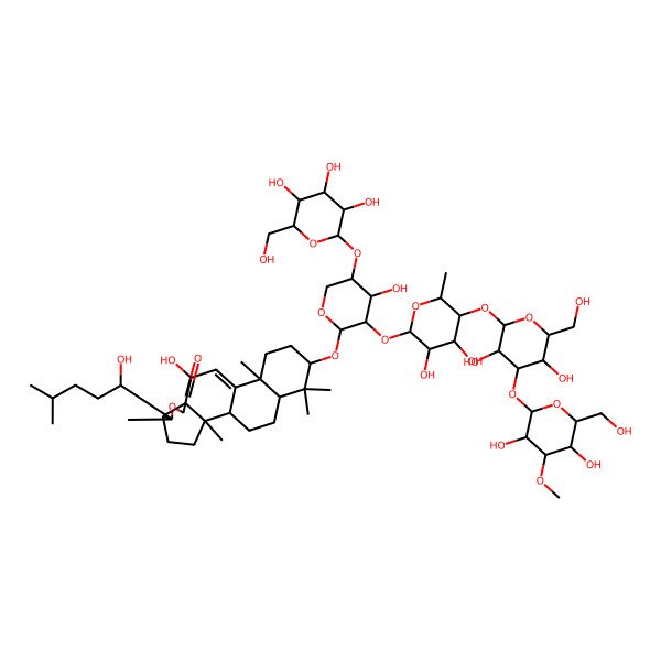 2D Structure of (1S,2S,5S,6R,9S,10S,13S,16S,18R)-16-[(2S,3R,4S,5R)-3-[(2S,3R,4R,5S,6R)-5-[(2S,3R,4S,5R,6R)-4-[(2S,3R,4S,5R,6R)-3,5-dihydroxy-6-(hydroxymethyl)-4-methoxyoxan-2-yl]oxy-3,5-dihydroxy-6-(hydroxymethyl)oxan-2-yl]oxy-3,4-dihydroxy-6-methyloxan-2-yl]oxy-4-hydroxy-5-[(2S,3R,4S,5S,6R)-3,4,5-trihydroxy-6-(hydroxymethyl)oxan-2-yl]oxyoxan-2-yl]oxy-10-hydroxy-6-[(1R)-1-hydroxy-4-methylpentyl]-2,6,13,17,17-pentamethyl-7-oxapentacyclo[10.8.0.02,9.05,9.013,18]icos-11-en-8-one