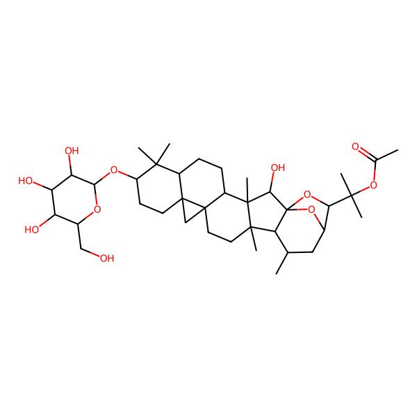 2D Structure of 2-[2-Hydroxy-3,8,8,17,19-pentamethyl-9-[3,4,5-trihydroxy-6-(hydroxymethyl)oxan-2-yl]oxy-23,24-dioxaheptacyclo[19.2.1.01,18.03,17.04,14.07,12.012,14]tetracosan-22-yl]propan-2-yl acetate