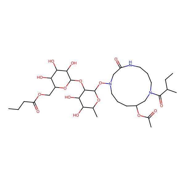 2D Structure of [(2R,3S,4S,5R,6S)-6-[(2S,3R,4R,5R,6S)-2-[[(10R)-10-acetyloxy-8-[(2S)-2-methylbutanoyl]-3-oxo-1,4,8-triazacyclotridec-1-yl]oxy]-4,5-dihydroxy-6-methyloxan-3-yl]oxy-3,4,5-trihydroxyoxan-2-yl]methyl butanoate