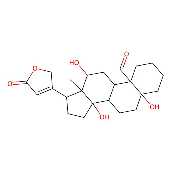 2D Structure of (5R,8R,9S,10S,12R,13S,14S,17R)-5,12,14-trihydroxy-13-methyl-17-(5-oxo-2H-furan-3-yl)-2,3,4,6,7,8,9,11,12,15,16,17-dodecahydro-1H-cyclopenta[a]phenanthrene-10-carbaldehyde