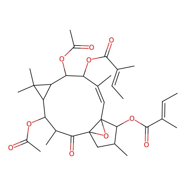 2D Structure of [(1R,3R,4S,5R,7S,8S,9R,10E,12S,13S,14S)-4,8-diacetyloxy-3,6,6,10,14-pentamethyl-13-[(E)-2-methylbut-2-enoyl]oxy-2-oxo-16-oxatetracyclo[10.3.1.01,12.05,7]hexadec-10-en-9-yl] (E)-2-methylbut-2-enoate