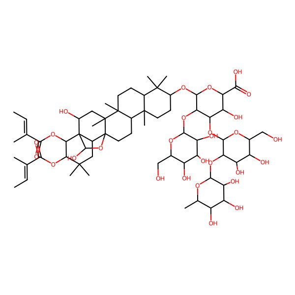 2D Structure of (2S,3S,4S,5R,6R)-6-[[(1R,2R,4S,5R,8R,10S,13R,14R,17S,18R,21R,22R,23S)-2,23-dihydroxy-4,5,9,9,13,20,20-heptamethyl-21,22-bis[[(Z)-2-methylbut-2-enoyl]oxy]-24-oxahexacyclo[15.5.2.01,18.04,17.05,14.08,13]tetracosan-10-yl]oxy]-4-[(2S,3R,4S,5R,6R)-4,5-dihydroxy-6-(hydroxymethyl)-3-[(2S,3R,4R,5R,6S)-3,4,5-trihydroxy-6-methyloxan-2-yl]oxyoxan-2-yl]oxy-3-hydroxy-5-[(2S,3R,4S,5R,6R)-3,4,5-trihydroxy-6-(hydroxymethyl)oxan-2-yl]oxyoxane-2-carboxylic acid