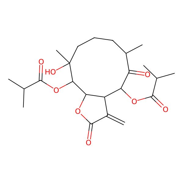 2D Structure of [10-Hydroxy-6,10-dimethyl-3-methylidene-11-(2-methylpropanoyloxy)-2,5-dioxo-3a,4,6,7,8,9,11,11a-octahydrocyclodeca[b]furan-4-yl] 2-methylpropanoate