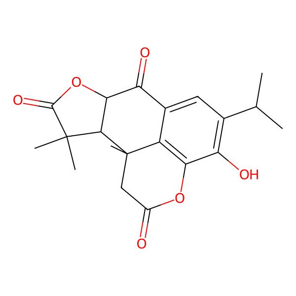 2D Structure of 4-Hydroxy-9,11,11-trimethyl-3-propan-2-yl-6,13-dioxatetracyclo[7.6.1.05,16.010,14]hexadeca-1,3,5(16)-triene-7,12,15-trione