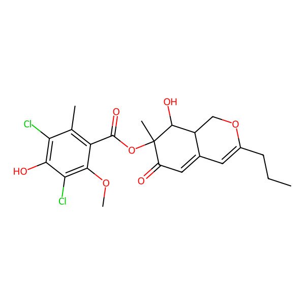 2D Structure of (8-hydroxy-7-methyl-6-oxo-3-propyl-8,8a-dihydro-1H-isochromen-7-yl) 3,5-dichloro-4-hydroxy-2-methoxy-6-methylbenzoate