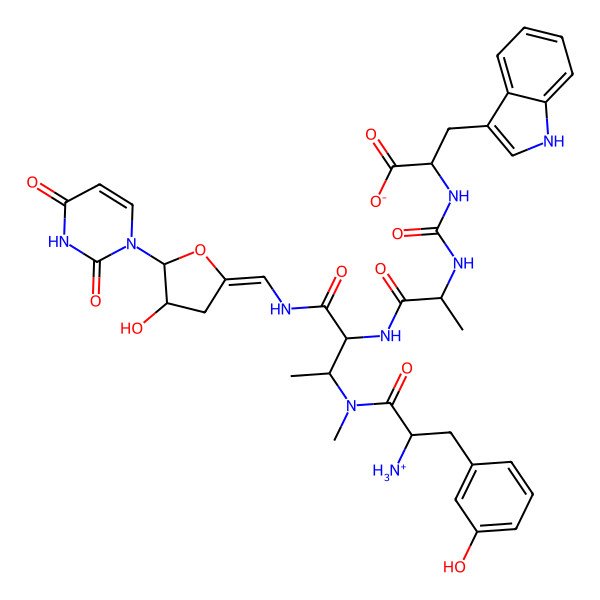 2D Structure of (2S)-2-[[(2S)-1-[[(2S,3S)-3-[[(2S)-2-azaniumyl-3-(3-hydroxyphenyl)propanoyl]-methylamino]-1-[[(Z)-[(4R,5R)-5-(2,4-dioxopyrimidin-1-yl)-4-hydroxyoxolan-2-ylidene]methyl]amino]-1-oxobutan-2-yl]amino]-1-oxopropan-2-yl]carbamoylamino]-3-(1H-indol-3-yl)propanoate