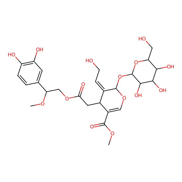 2D Structure of methyl 4-[2-[2-(3,4-dihydroxyphenyl)-2-methoxyethoxy]-2-oxoethyl]-5-(2-hydroxyethylidene)-6-[3,4,5-trihydroxy-6-(hydroxymethyl)oxan-2-yl]oxy-4H-pyran-3-carboxylate