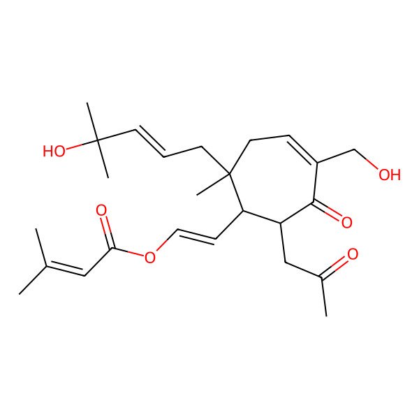 2D Structure of 2-[5-(Hydroxymethyl)-2-(4-hydroxy-4-methylpent-2-enyl)-2-methyl-6-oxo-7-(2-oxopropyl)cyclohept-4-en-1-yl]ethenyl 3-methylbut-2-enoate