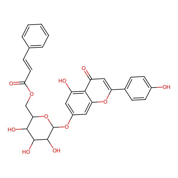 2D Structure of [(2R,3S,4S,5R,6S)-3,4,5-trihydroxy-6-[5-hydroxy-2-(4-hydroxyphenyl)-4-oxochromen-7-yl]oxyoxan-2-yl]methyl 3-phenylprop-2-enoate