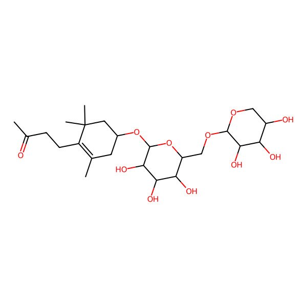 2D Structure of 4-[(4R)-2,6,6-trimethyl-4-[(2R,3R,4S,5S,6R)-3,4,5-trihydroxy-6-[[(2S,3R,4S,5R)-3,4,5-trihydroxyoxan-2-yl]oxymethyl]oxan-2-yl]oxycyclohexen-1-yl]butan-2-one