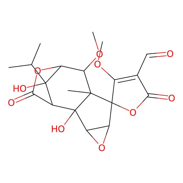 2D Structure of (1S,2R,3S,5R,6S,7R,8S,9S,12R)-2,12-dihydroxy-4',8-dimethoxy-7-methyl-2',11-dioxo-12-propan-2-ylspiro[4,10-dioxatetracyclo[7.2.1.02,7.03,5]dodecane-6,5'-furan]-3'-carbaldehyde