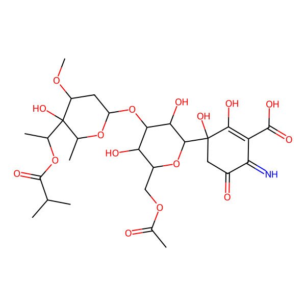 2D Structure of 3-[6-(Acetyloxymethyl)-3,5-dihydroxy-4-[5-hydroxy-4-methoxy-6-methyl-5-[1-(2-methylpropanoyloxy)ethyl]oxan-2-yl]oxyoxan-2-yl]-2,3-dihydroxy-6-imino-5-oxocyclohexene-1-carboxylic acid
