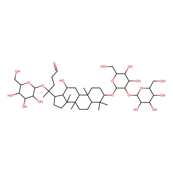 2D Structure of (4S)-4-[(3S,5R,8R,9R,10R,12R,13R,14R,17S)-3-[(2R,3R,4S,5S,6R)-4,5-dihydroxy-6-(hydroxymethyl)-3-[(2S,3R,4S,5S,6R)-3,4,5-trihydroxy-6-(hydroxymethyl)oxan-2-yl]oxyoxan-2-yl]oxy-12-hydroxy-4,4,8,10,14-pentamethyl-2,3,5,6,7,9,11,12,13,15,16,17-dodecahydro-1H-cyclopenta[a]phenanthren-17-yl]-4-[(2S,3R,4S,5S,6R)-3,4,5-trihydroxy-6-(hydroxymethyl)oxan-2-yl]oxypentanal