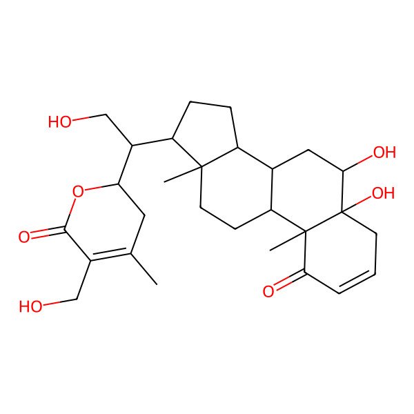 2D Structure of (2R)-2-[(1R)-1-[(5R,6R,8S,9S,10R,13S,14S,17R)-5,6-dihydroxy-10,13-dimethyl-1-oxo-6,7,8,9,11,12,14,15,16,17-decahydro-4H-cyclopenta[a]phenanthren-17-yl]-2-hydroxyethyl]-5-(hydroxymethyl)-4-methyl-2,3-dihydropyran-6-one